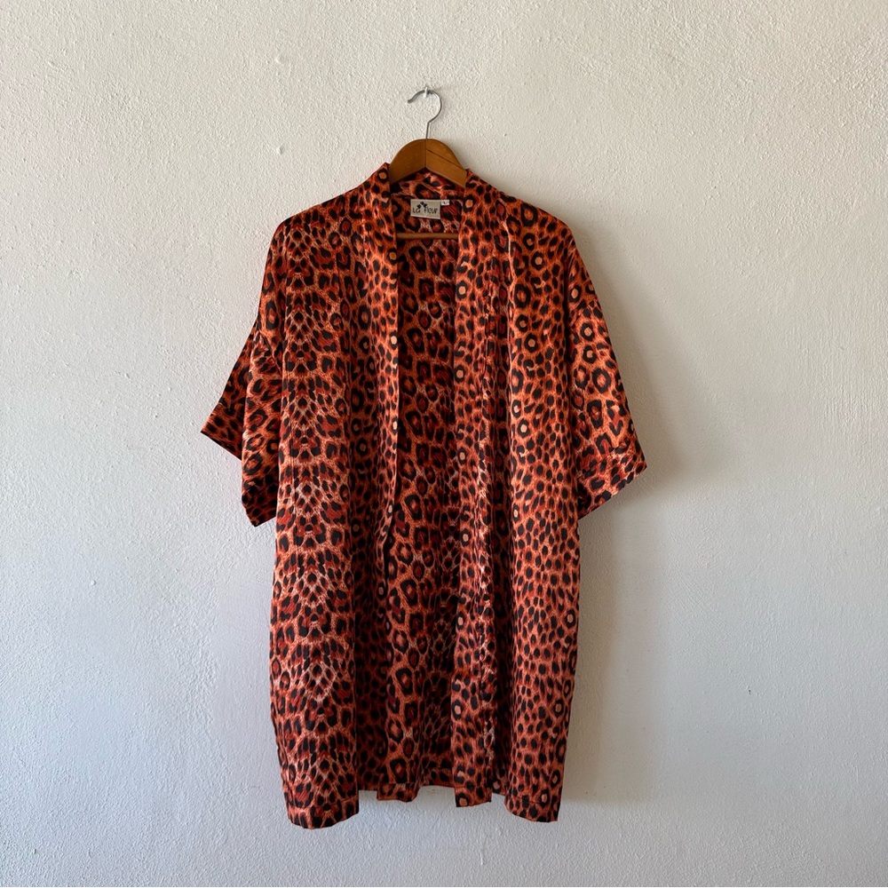 La Fleur‎ Leopard Print Satin Open Front Robe Women's Size L Short Sleeve